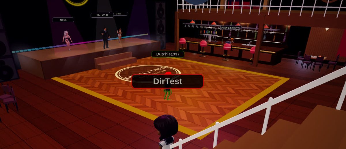 The dance floor of The Whale Exclusive Club: a lit stage with dancers, a bar with stools on the right, and visitors standing on the floor with their names above them.